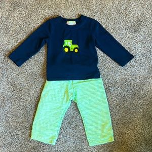 Boutique Infant Baby Boy 12 - 18 Mo Navy Tractor Embroidered Green Gingham Set